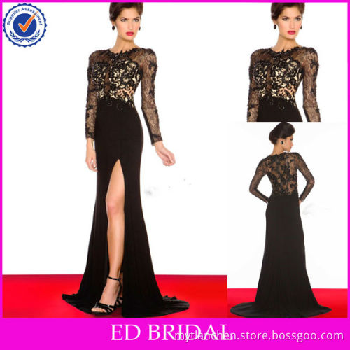 Sheath Long Sleeve Appliques Side Slit Black See Through Lace Evening Dress